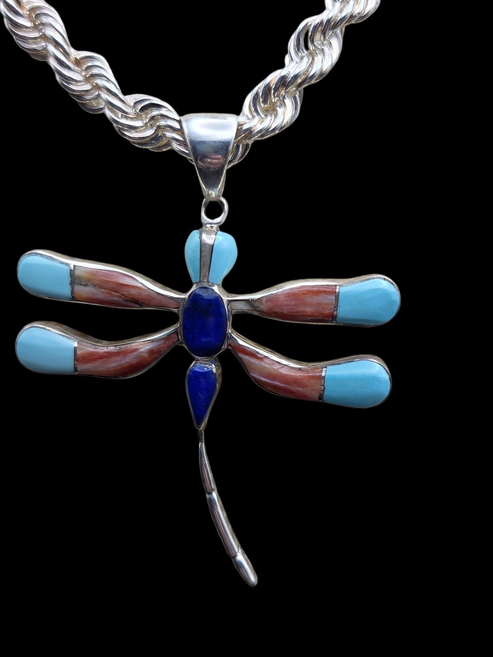 Dragonfly Inlay Necklace in Turquoise Blue and Lapis